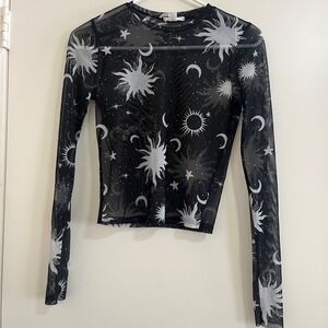 Full Tilt Womens Celestial Sheer Mesh Top XS/S Whimsigoth Y2K Moon Star Tattoo